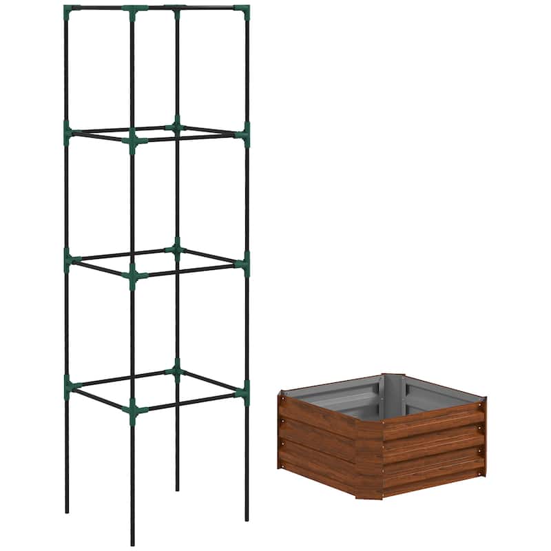 Galvanized Raised Garden Bed, 24" x 24" x 11.75" Outdoor Planter Box with Trellis Tomato Cage and Open Bottom for Climbing Vines