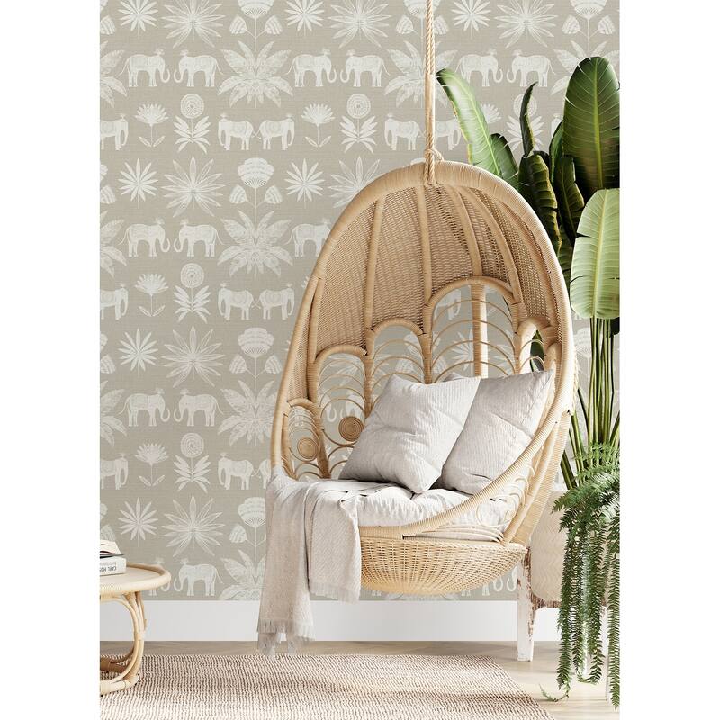 A-Street Prints Bazaar Light Grey Elephant Oasis Wallpaper