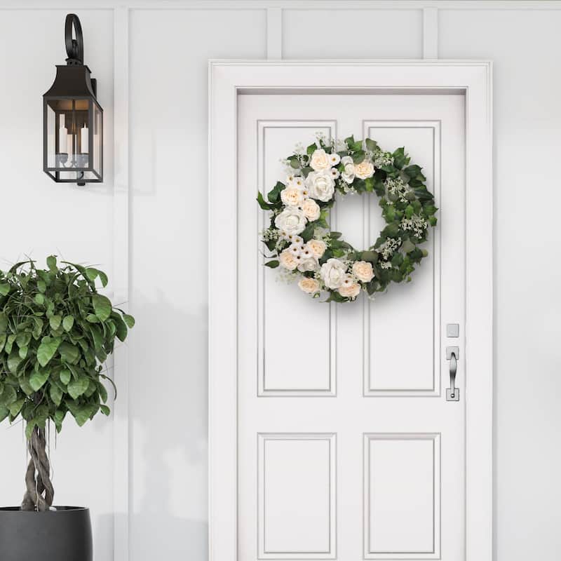 Rose and Camellia Floral Artificial Spring Wreath, 30-Inch, Unlit