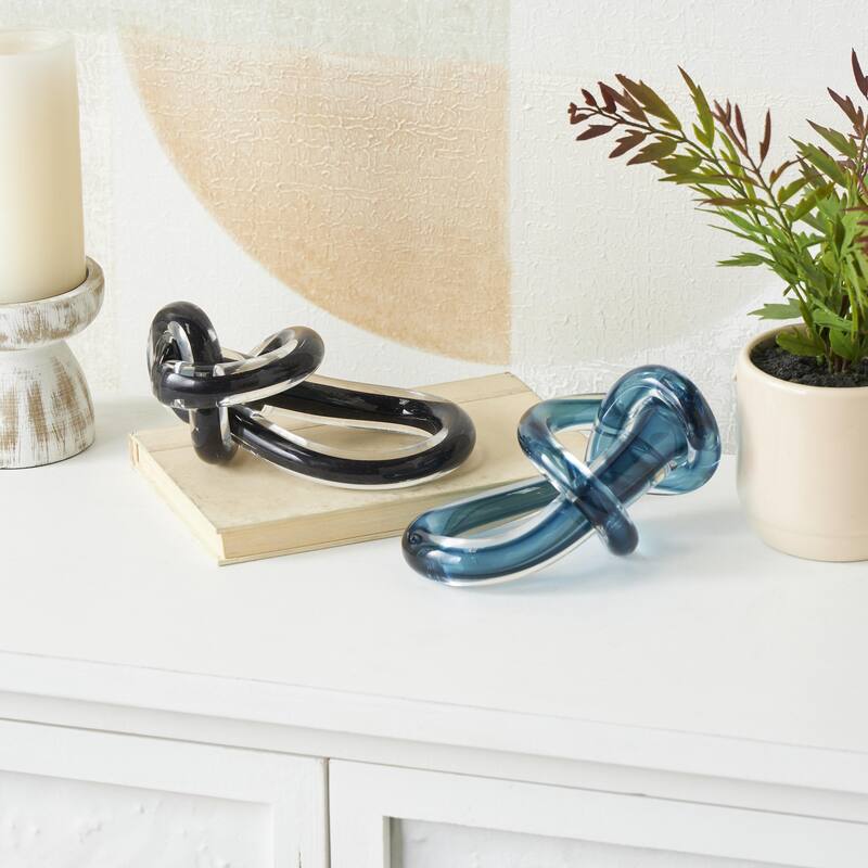 Glass Knot Abstract Twisted Loop Decorative Sculpture - Set of 2 Blue or Black - Roche River Decor