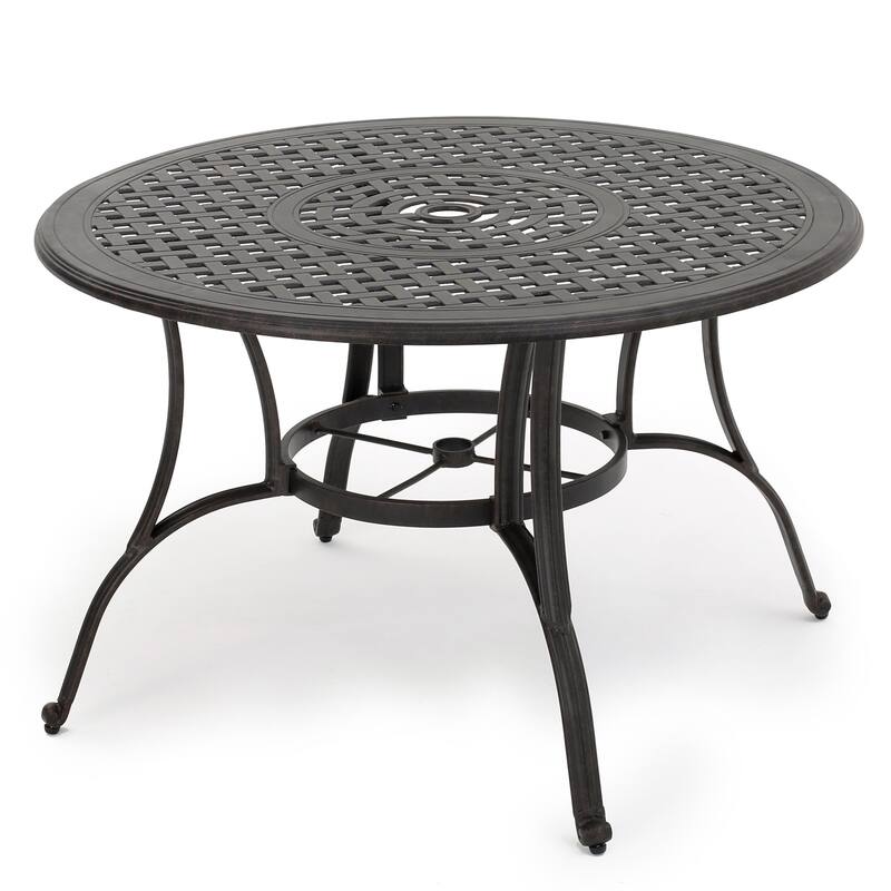 Roomfitters Outdoor Cast Aluminum Round Dining Table with Lattice Design, Rust Resistant Bronze