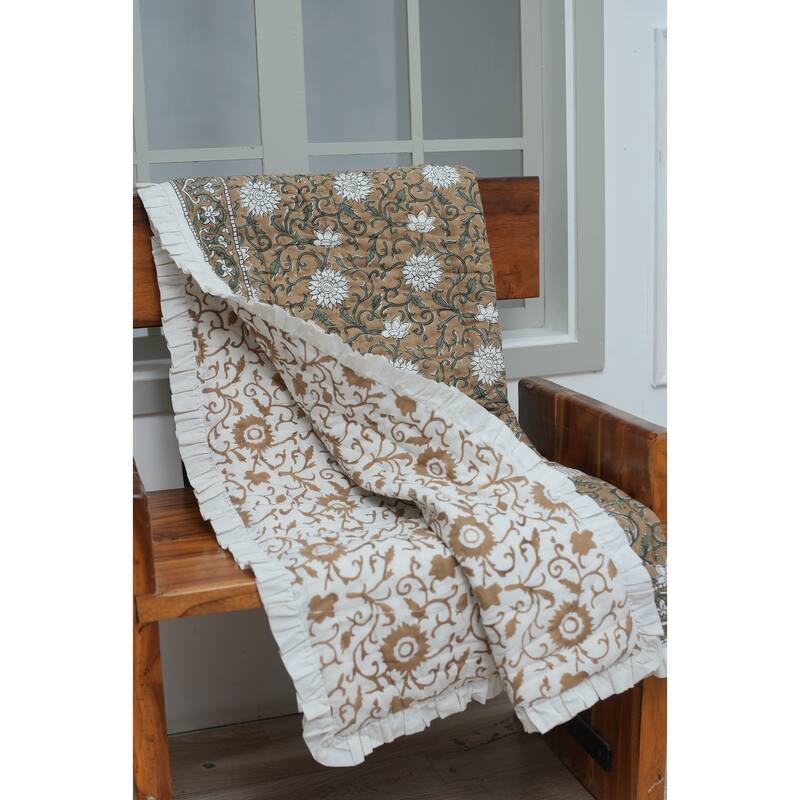 Fabdivine Luxury Hand Block Print Cotton Quilt Floral Boho Bedding for Bedroom & Sofa, Mustard, Handmade Reversible Bedspread