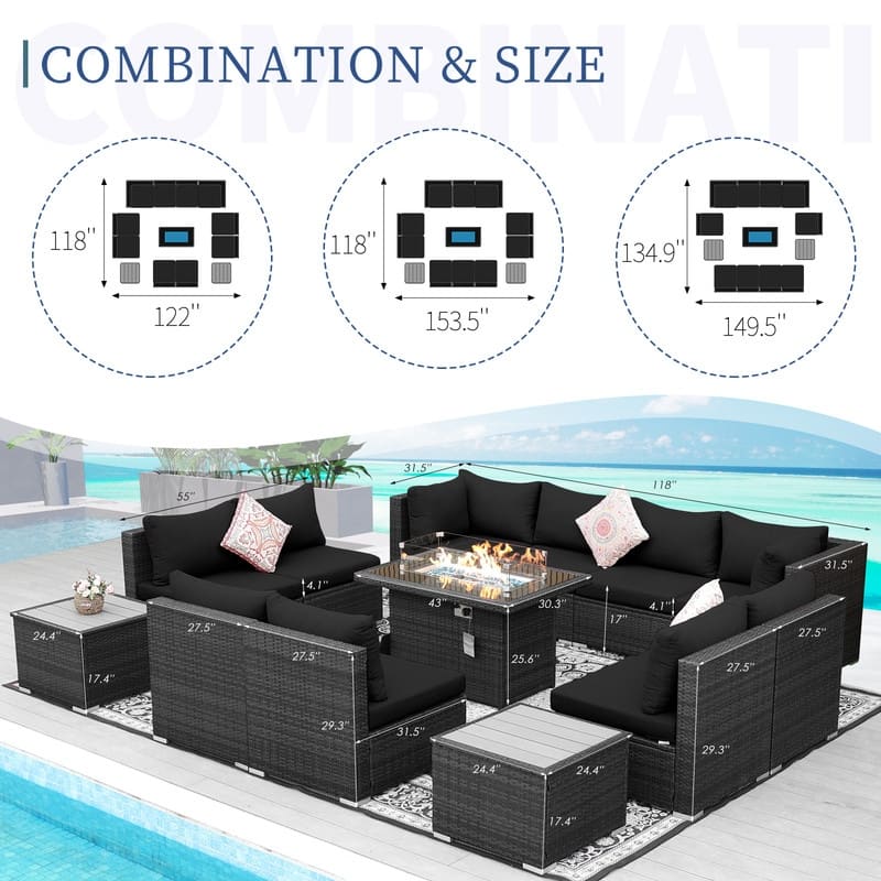 FINCATI Patio Outdoor Wicker Furniture Set Sectional Sofa with Firepit