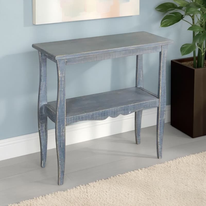 Rena Side End Table, Scallop Trim, 28 Inch Distressed Blue Mahogany