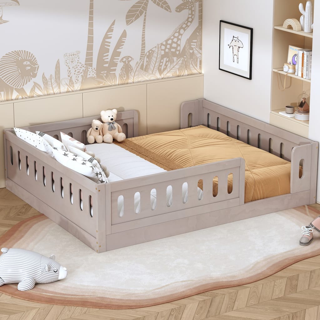 Kids Wood Floor Bed with Semi-Enclosed Guardrail and No-Slat Design