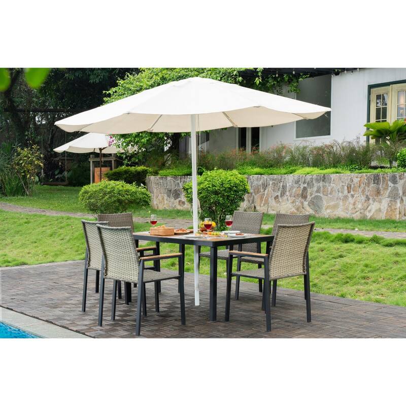 All Weather 7-Piece Patio Dining Table Sets, Patio Conversation Set Acacia Wood Table Top with Umbrella Hole