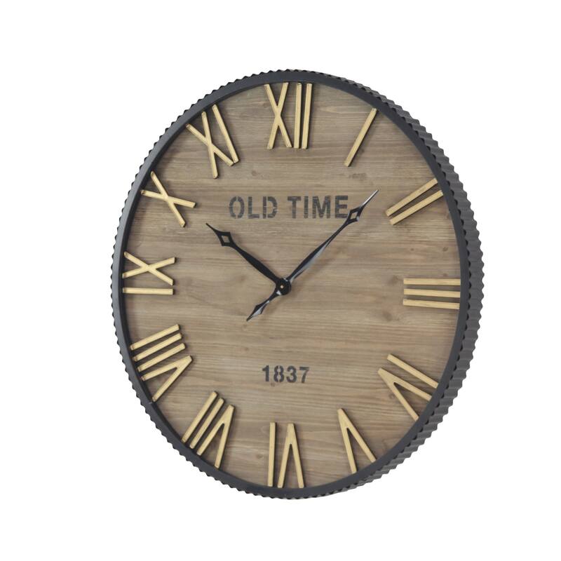 Wooden Wall Clock with Gold Accents - Brown - Roche River Decor - 3"W x 36"L x 36"H