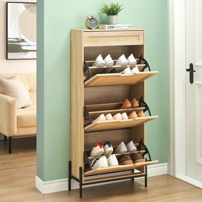 Rattan Shoe Cabinet with 3 Flip Drawers and 1 Small Drawer