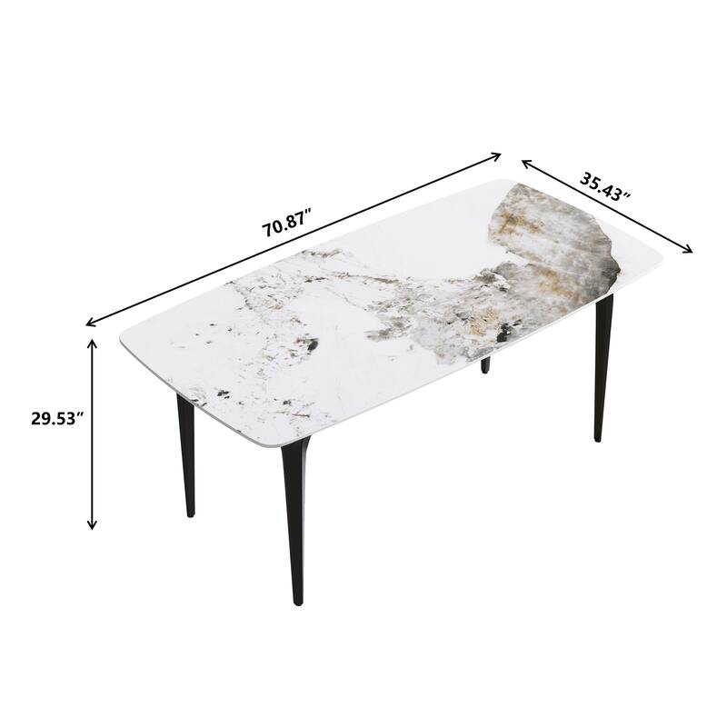 70.87"Modern artificial stone Pandora white curved black metal leg dining table-can accommodate 6-8 people