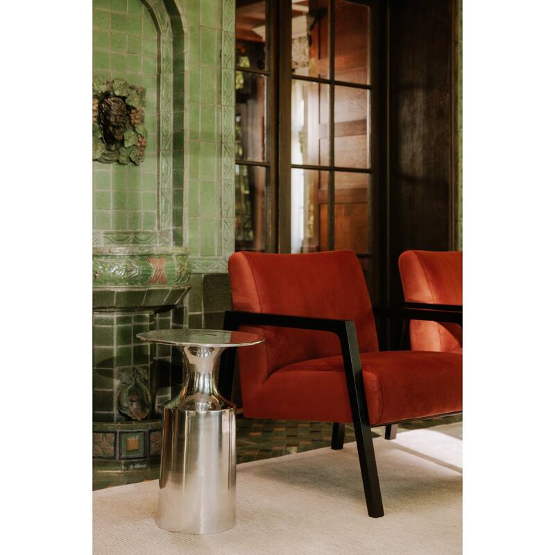 NADAAL STUDIOS Dorian Accent Table, Round Aluminum with Polished Semi-Gloss Finish, Silver