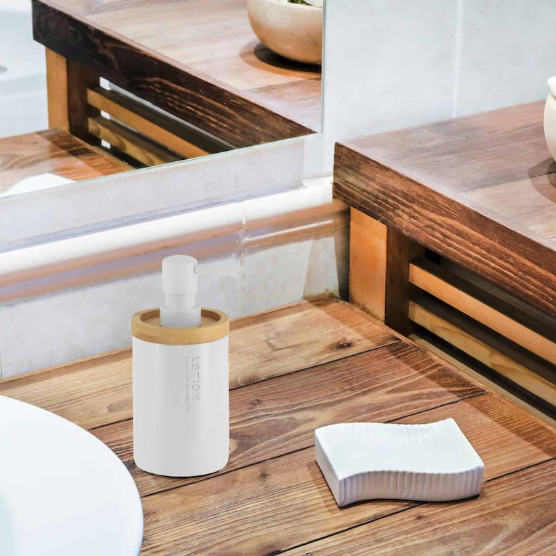 Elegant Soap Dispenser - Polyresin and Bamboo Design, Refillable Liquid Pump - 3 L x 3 W X 7 h