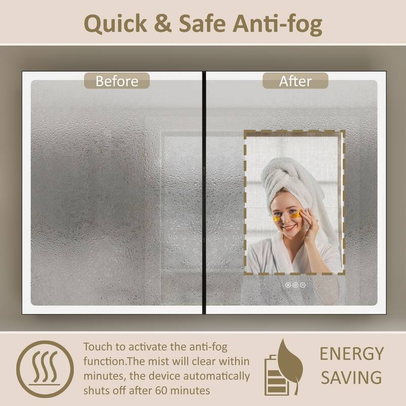 Grand Aluminum Medicine Cabinet with Mirror, Adjustable Shelves, Dimmable Light, Anti-Fog, Recessed or Wall Mount