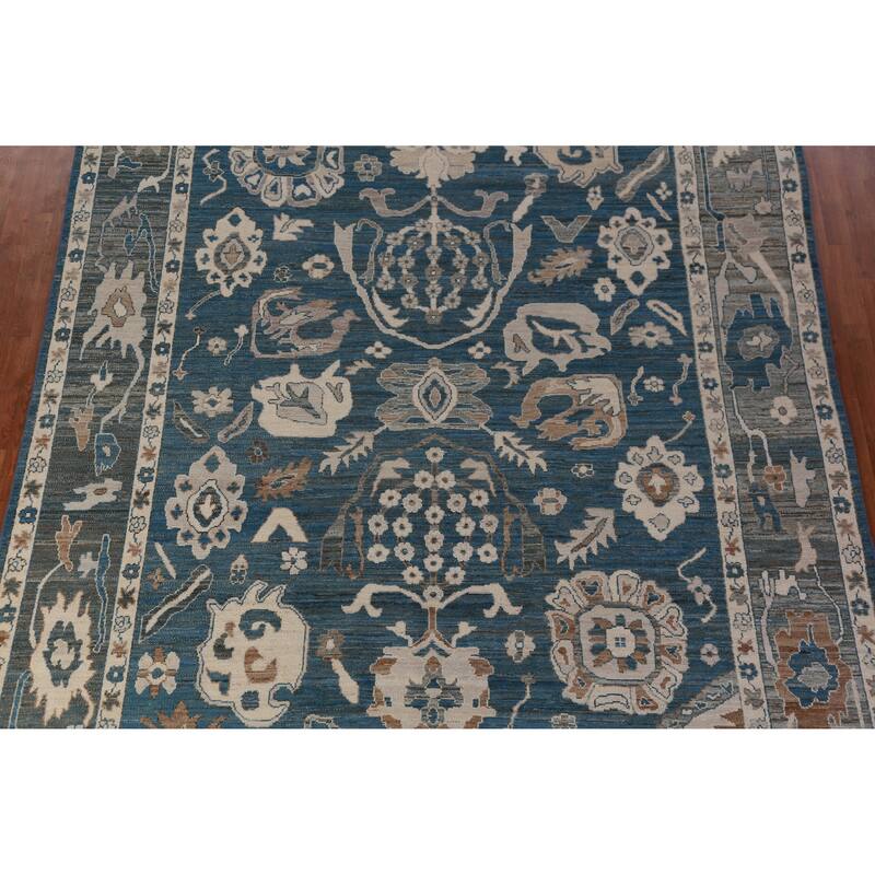 Hand Knotted Oriental 100% Wool Carpet Transitional All-Over Navy Blue & Blues Oushak Area Rug - 12' 4'' X 8' 11''