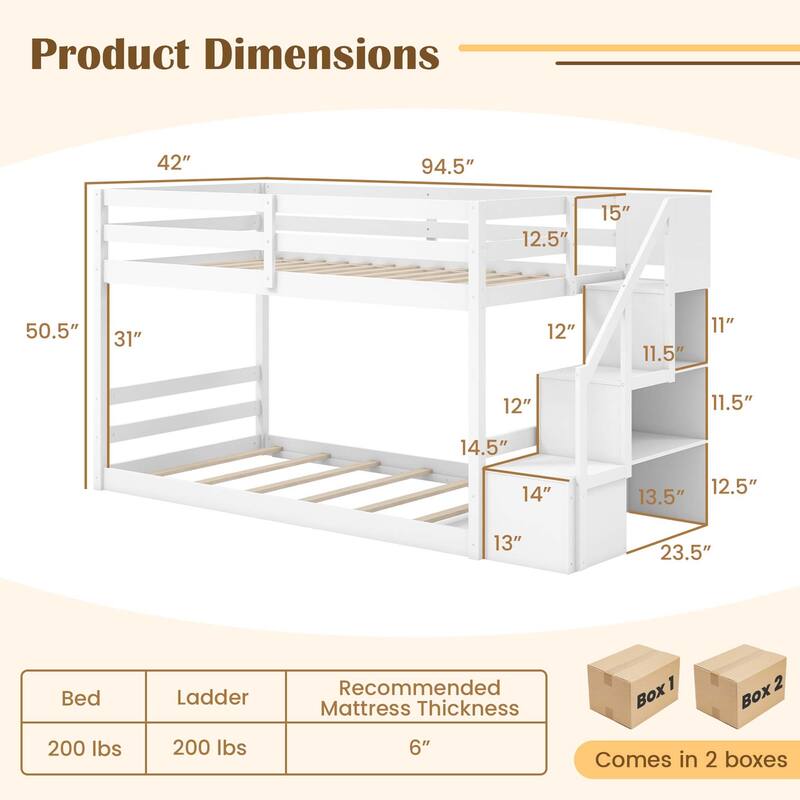 Costway Twin Over Twin Low Bunk Bed Solid Wood Floor Bunk Bed Frame