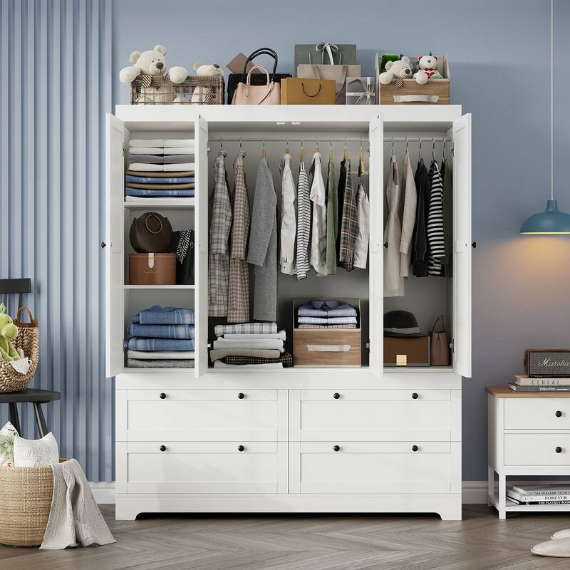 Gyomojoy Large White Wardrobe Closet with Drawers & Doors, Modular Armoire with Hanging Rods, Apartment & Dorm Storage