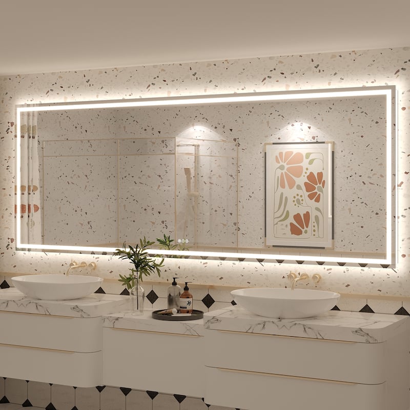 Large LED Bathroom mirror Tempered Glass Dimmable Anti-Fog Vanity Mirror - 96x36
