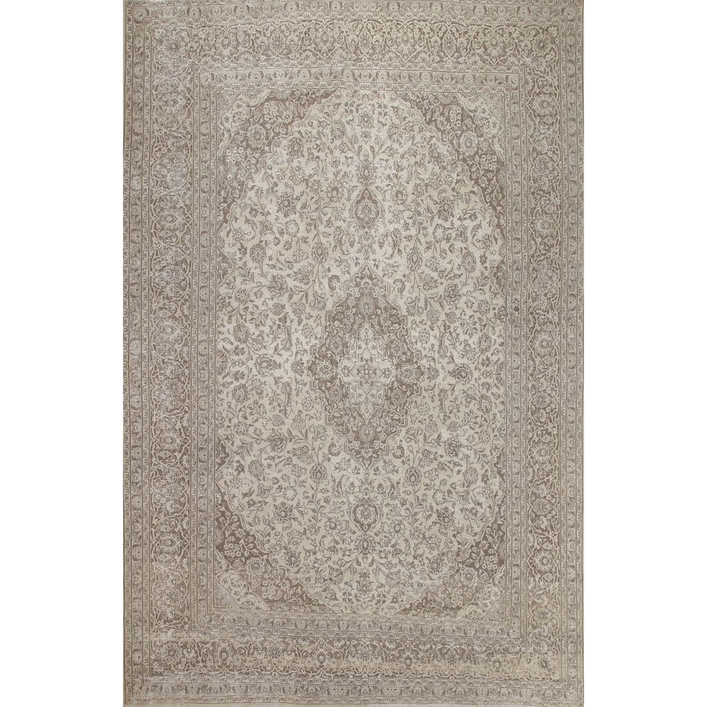 Hand Knotted Oriental 100% Wool Carpet Traditional Floral Beige & Ivories Mashad Area Rug - 12' 1'' X 9' 5''