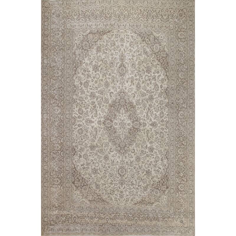 Hand Knotted Oriental 100% Wool Carpet Traditional Floral Beige & Ivories Mashad Area Rug - 12' 1'' X 9' 5''