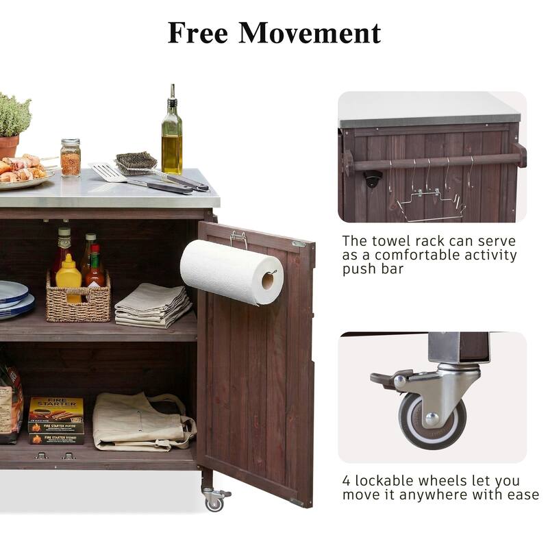 42.1" Outdoor Kitchen Island with Side Shelf, Stainless Steel Top, Adjustable Shelf & 4 Wheels