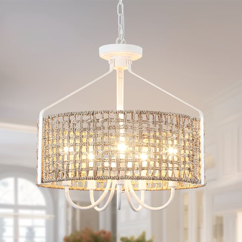 18.35inch 5 Lights Adjustable Height Bohemian Chandelier with Hand Woven Rattan Shade Suitable for Multiple Rooms - Off-White+Brown