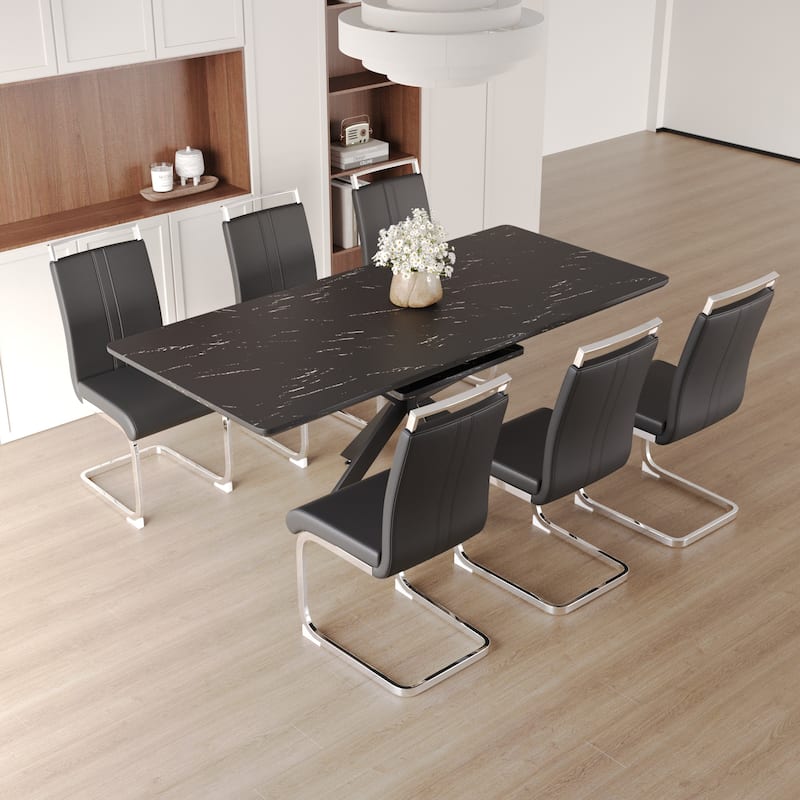 Modern Dining Set with Rectangular Extendable Large Table & C-shaped Tube Soft Padded Armless Chairs