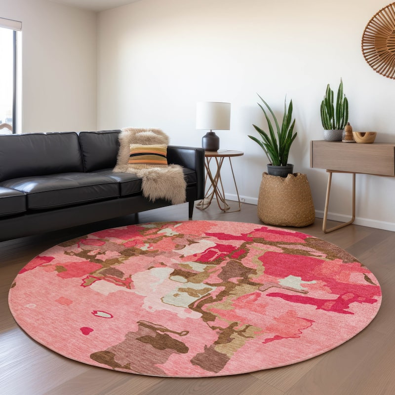 Machine Washable Indoor/ Outdoor Abstract Glam Chantille Rug - Coral - 8' x 8'