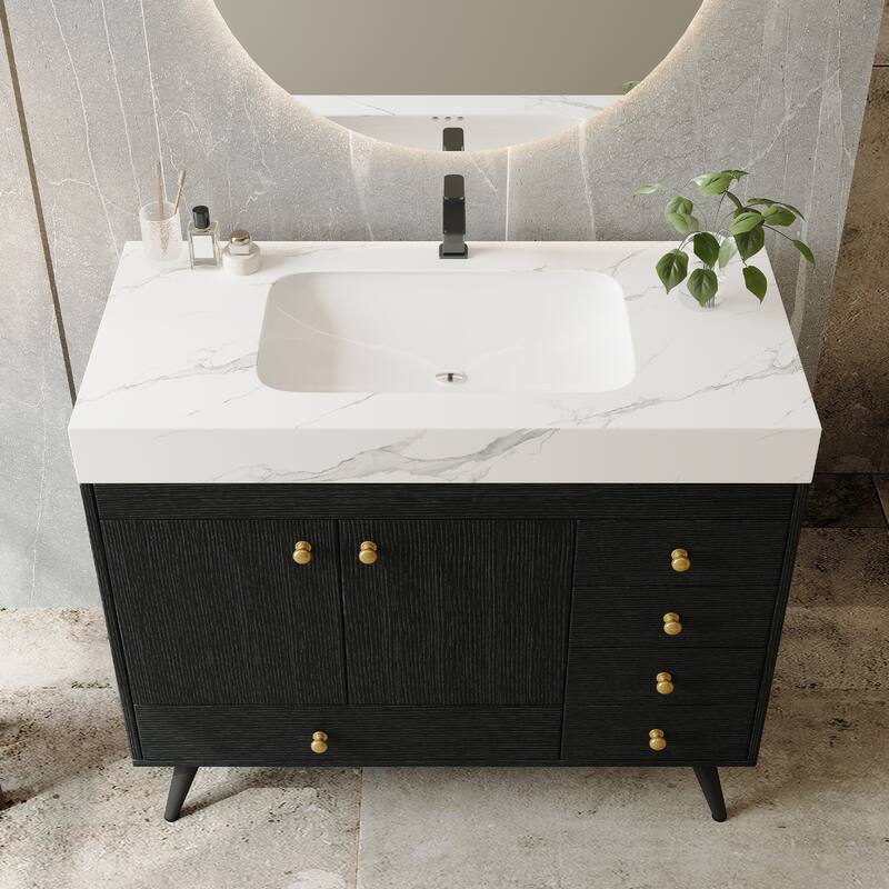36" Bathroom Vanity with Faux Marble Top & Ceramic Sink, 5-Drawer Storage Cabinet with Stainless Steel Legs