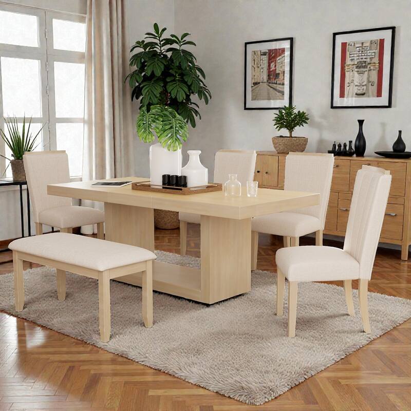 Contemporary 6-Piece 78" Extendable Pedestal Dining Table Set with 18" Leaf, Bench, and 4 Upholstered Chairs - Natural