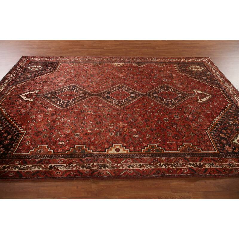 Tribal Geometric Shiraz Persian Vintage Rug Handmade Red Wool Carpet - 7'8"x 10'8"