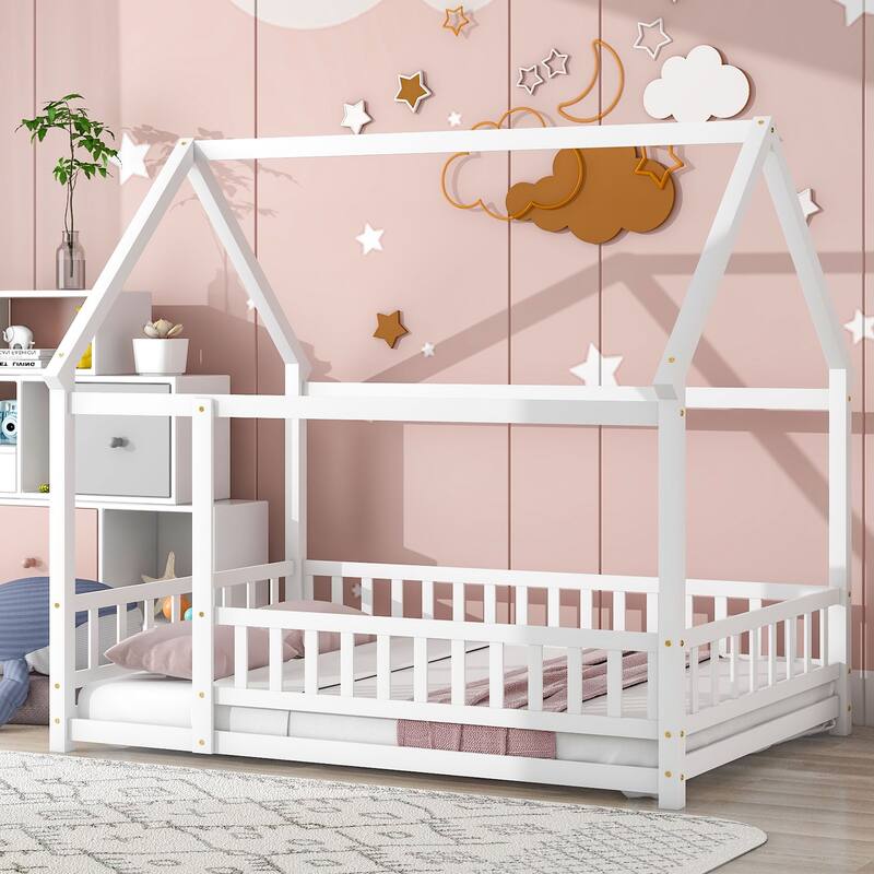 Full Size Wooden Floor Bed with House Roof Frame, Fence Guardrails for Kids, Bedroom - Full - White
