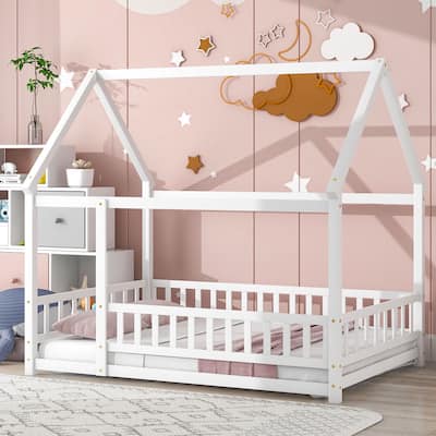 White Full Size Wooden Floor Bed with House Roof Frame, Fence Guardrails for Kids, Bedroom