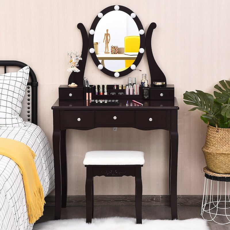 Gymax Vanity Table Set w/10 Light Bulbs and Touch Switch Makeup - Brown