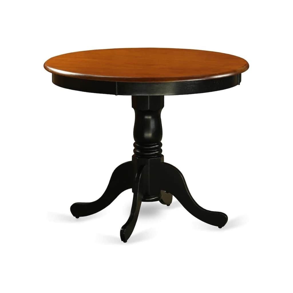 Round 36 Inch Pedestal Kitchen Dining Table in Antique Oak Finish with Classic Design for Cozy Dining Spaces