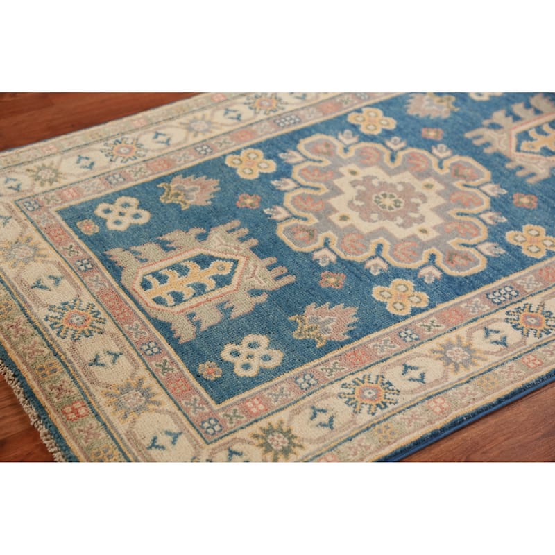 Blue Kazak Foyer Rug Handmade Traditional Geometric Wool Carpet - 2'7"x 3'11"