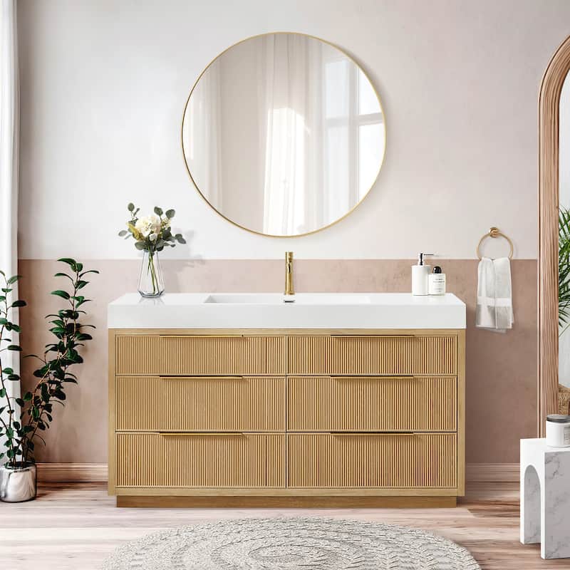 Hohhot Bath Vanity with Integrated Stone Sink Top without Mirror - 60in.(Single Sink) - Washed Ash Grey