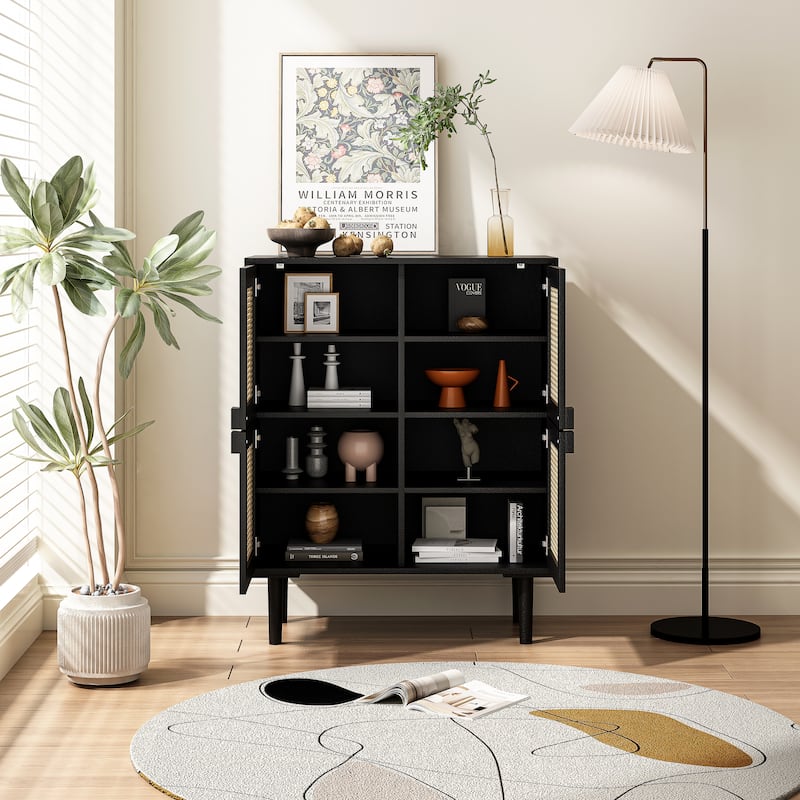 Modern Storage Cabinet with Adjustable Shelves and Four Rattan Mesh Decorative Doors