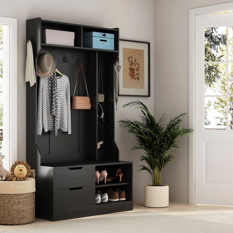Roomfitters Hall Tree with 6 Hooks & Pegboard, Entryway Bench with Shoe Storage Organizer, Modern Coat Rack & Drawers, Black