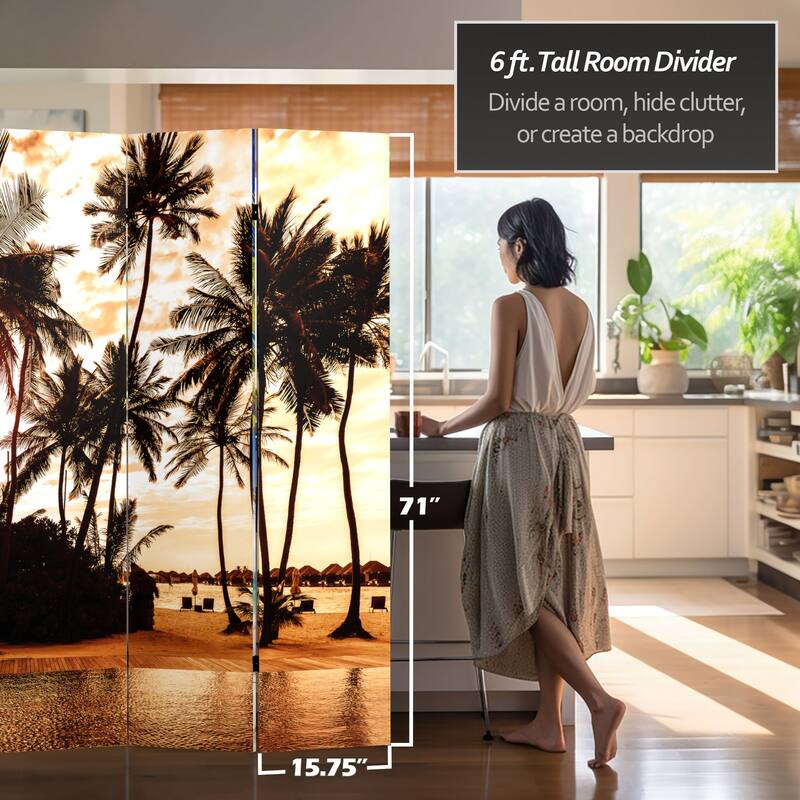 Handmade 6' Double Sided Sunset Palms Canvas Room Divider