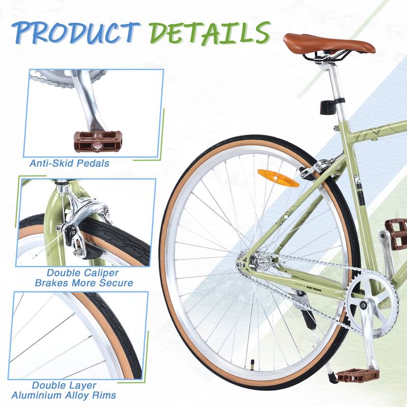 Single-Speed 700C Road Bike for Men and Women, Retro Style Steel Frame with Caliper Brakes