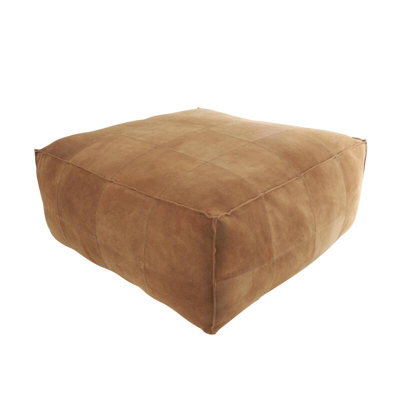 Leather Low Profile Square Pouf with Patchwork Design - Brown, Gray or Dark Brown- Roche River Decor