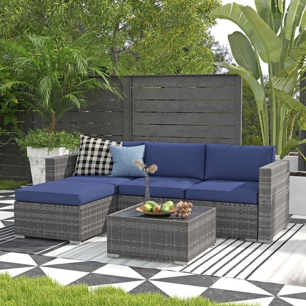 5-Piece Outdoor Wicker Sectional Sofa Set with Cushions Grey