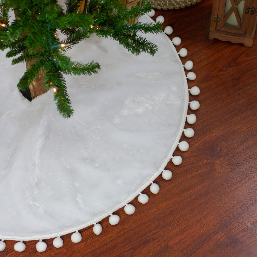 36" White Christmas Tree Skirt With a Pom Pom Border and Tie Backs - 36