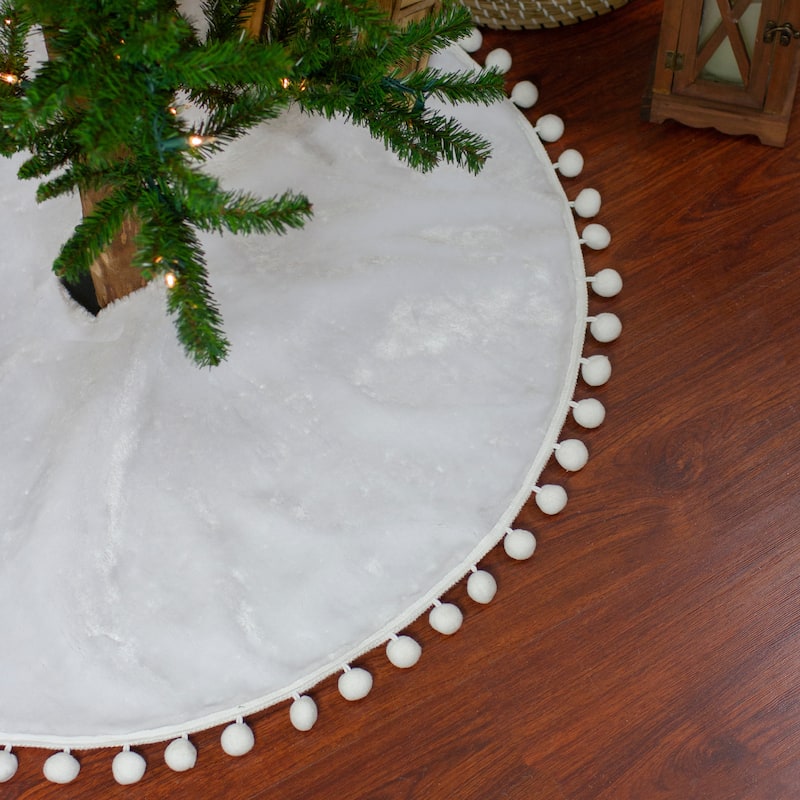 48" White Christmas Tree Skirt With a Pom Pom Border