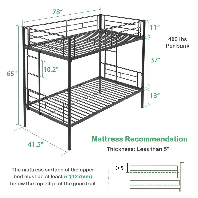 Bunk Bed Metal Twin Size Bunk Beds Frame with Ladder & Full-Length Guardrail Heavy Duty Sturdy 2 in 1 Convertible Bunk Bed