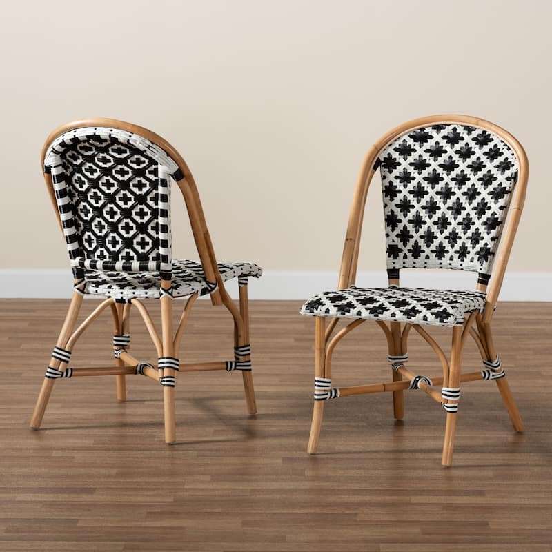 Ambre Modern French Black and White Weaving Natural Rattan 2-Piece Bistro Chair Set