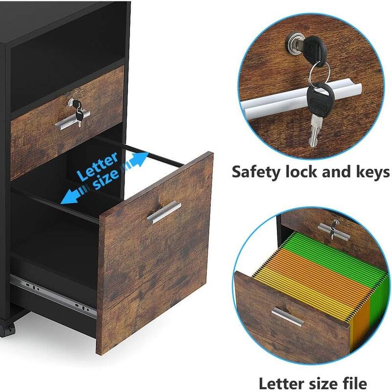 Mobile File Cabinet with Lock, 2 Drawer Rolling Printer Stand with Open Shelf, Rustic Brown