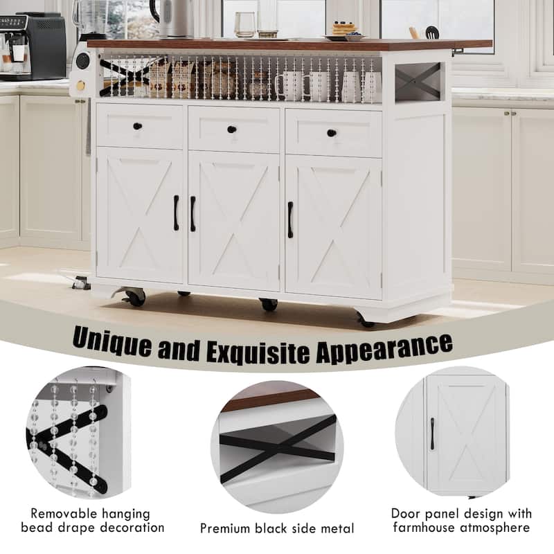 46.5" Farmhouse Kitchen Island Cart with Drape of Beads, Power Outlet, Rolling Kitchen Cart on Wheels with Drop Leaf