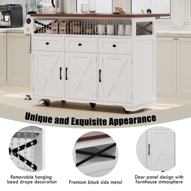 Roomfitters 46.5" Rolling Kitchen Island with Drop Leaf, Mobile Cart with 2 AC Outlets & USB, Beaded Drape & 3 Drawers
