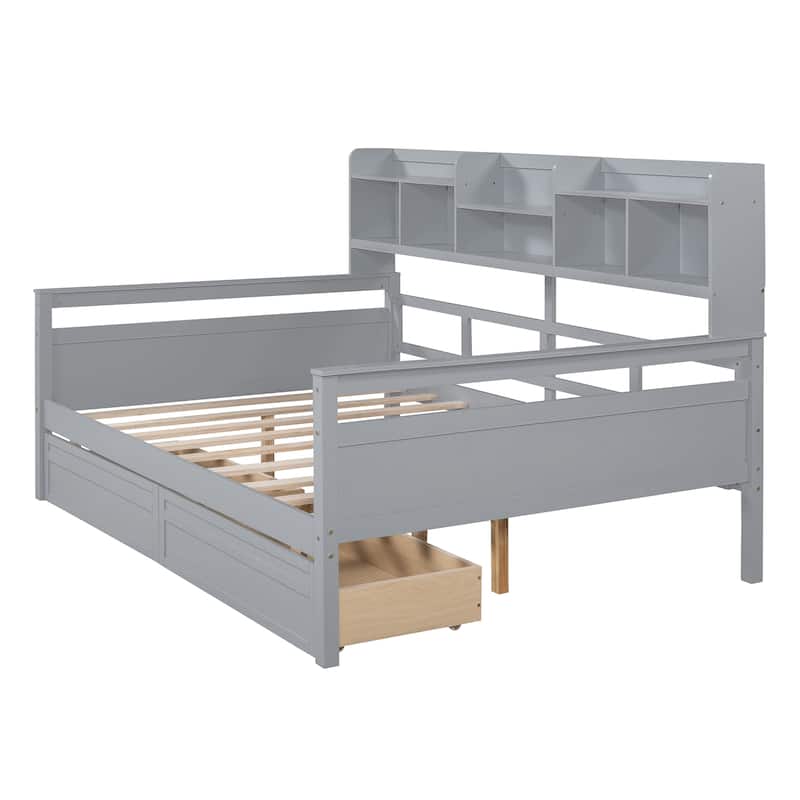 Full Size Daybed with Bedside Shelf and Two Drawers, Multifunctional Storage Solid Wood Sofa Bed Frame for Bedroom Living Room