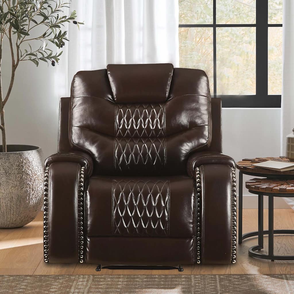 Leatherette Power Recliner with Diamond Stitching, Brown